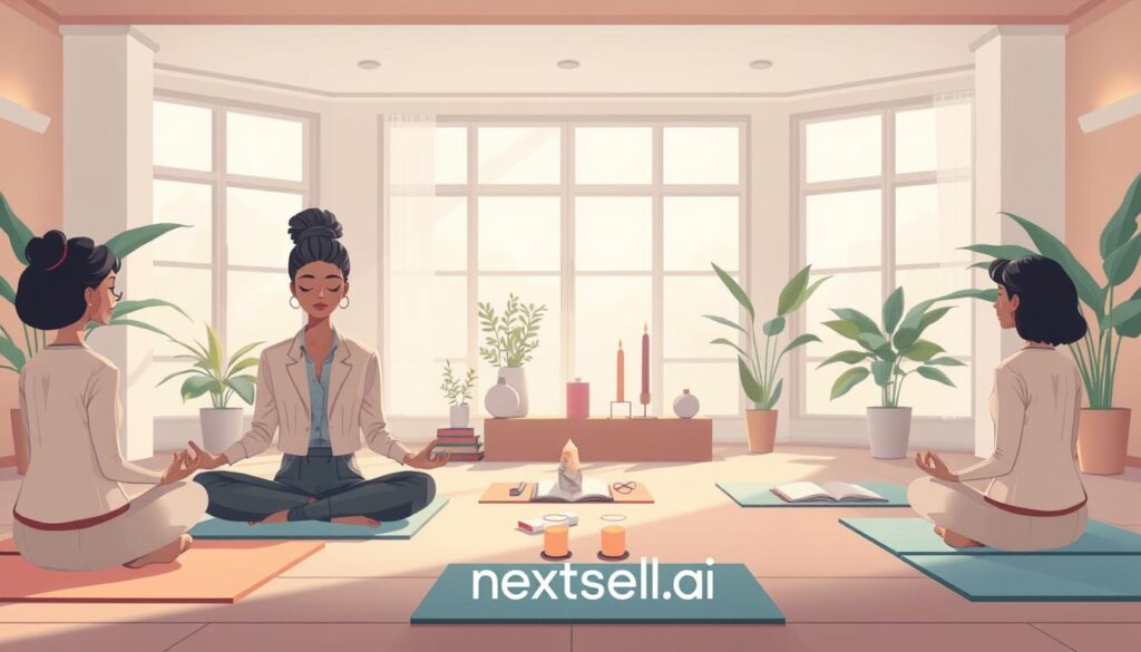 A serene indoor setting focused on self-awareness practices. In the foreground, a diverse group of three individuals sitting cross-legged on soft mats, engaged in meditation and visualization, dressed in professional yet modest clothing. The middle ground features a subtle arrangement of plants and mindfulness tools like journals, candles, and crystals, symbolizing tranquility and introspection. The background reveals a softly lit room with large windows, allowing natural light to flood in, casting gentle shadows. The atmosphere is peaceful and contemplative, evoking a sense of calm and reflection. The scene should express the importance of self-awareness in personal growth. Include the brand name "nextself.ai" subtly integrated into the environment, without disruptive elements.
