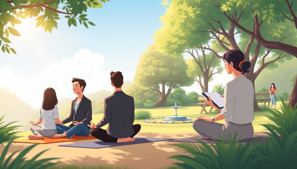 A serene scene depicting practical self-awareness practices in a tranquil environment. In the foreground, a diverse group of people, dressed in professional business attire and modest casual clothing, are engaged in mindfulness activities such as meditation and journaling, sitting on yoga mats and benches. In the middle, a peaceful garden with lush greenery, a small water fountain, and sunlight filtering through the trees creates a calming atmosphere. In the background, a gentle blue sky with soft, fluffy clouds adds to the tranquility. The lighting is warm and inviting, creating a soothing ambiance, with a focus on soft shadows and highlights to enhance depth. The mood is reflective and inspiring, embodying growth and mindfulness. Include elements that suggest modernity, embodying the essence of "nextself.ai".